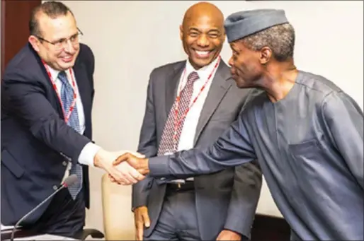  ??  ?? R-L: Ag. President Osinbajo with Mr Gene Leon and another member of the IMF Team on 2017 Article IV Consultati­on during a courtesy visit to the State House, Abuja... recently