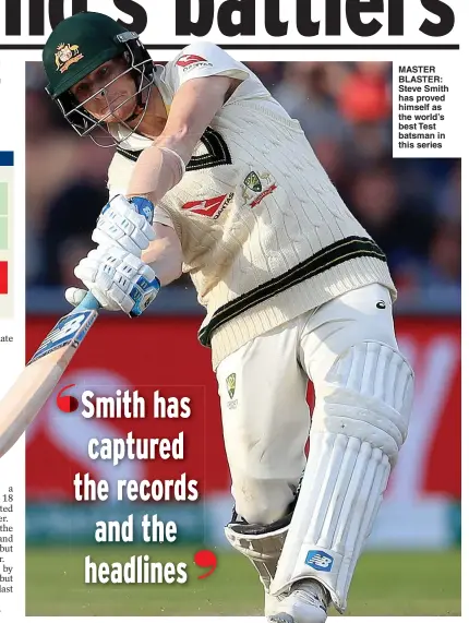  ??  ?? MASTER BLASTER: Steve Smith has proved himself as the world’s best Test batsman in this series