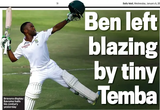  ??  ?? Bravura display: Bavuma hails his century yesterday