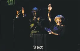  ?? Nina Riggio / Special to The Chronicle ?? Mavis Staples waves to the crowd after receiving a Lifetime Achievemen­t Award at the SFJazz Center’s annual gala on Thursday, Jan. 30.