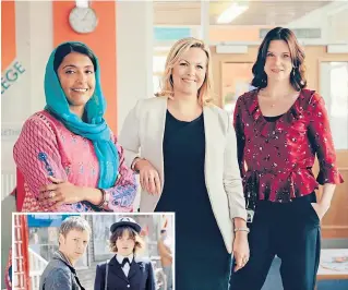  ??  ?? ▼ Liz, above, right, with Sunetra Sarker and Jo Joyner in Ackley Bridge and, left, with John Simm in the fondly remembered Life On Mars.