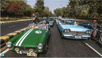  ??  ?? 1. Tiny MG shares the road with a massive Plymouth. 2. Bentley 8 paints a pretty sight with India Gate in the backdrop. 3. The Rolls Royce Silver Dawn, still far superior than the cars around it, as it would've been back in its day