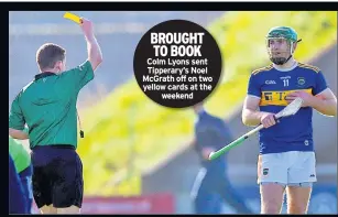  ??  ?? BROUGHT TO BOOK colm lyons sent Tipperary’s Noel Mcgrath off on two yellow cards at the weekend