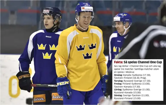  ?? Bild: CLAUDIO BRESCIANI ?? Sex lag deltar i Channel One Cup och alla lag spelar tre matcher. Samtliga matcher utom en spelas i Moskva:
Onsdag: Kanada–sydkorea (17.30), Tjeckien–finland (18.30, Prag).
Torsdag: Ryssland–sverige (17.30).
Fredag: Finland–sydkorea (13.00),...