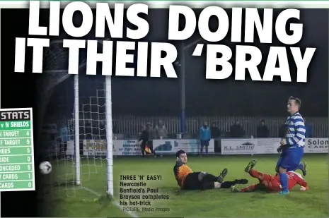  ?? PICTURE: Media Images ?? THREE ‘N’ EASY! Newcastle Benfield’s Paul Brayson completes his hat-trick