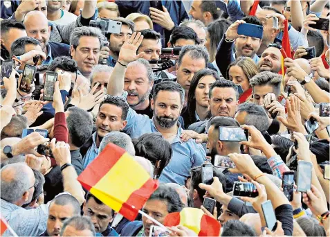  ??  ?? Santiago Abascal, leader of Vox, ahead of Spain’s election tomorrow