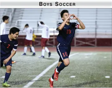  ?? RECORDER PHOTOS BY CHIEKO HARA ?? Strathmore High School's Osvaldo Ibarra celebrates after scoring the game-winning goal Wednesday during the first half of overtime against Granite Hills High School at Rankin Stadium in Portervill­e.