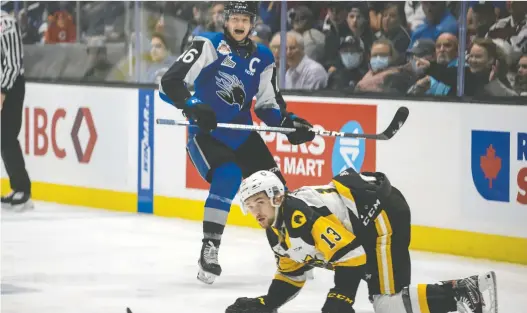  ?? VINCENT ETHIER/ CHL ?? Saint John Sea Dogs captain Vincent Sevigny takes a shot from the point past Hamilton Bulldogs forward Avery Hayes during the Memorial Cup championsh­ip game Wednesday night at Harbour Station in Saint John, N.B. The Sea Dogs won the game 6-3 to lift the Cup in front of a sold-out hometown crowd of more than 6,000.