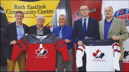  ?? CoDy mCeaCherN/Truro Daily News ?? Truro will host the world junior A hockey challenge for the first time in December. During a press conference on Thursday, the coaching staff for Canada East was named, along with the pre-tournament schedule. From left, Matt Moore, general manager of...