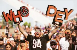  ?? Andy Lyons / Getty Images ?? A Bengals fan cheers on his team during its game against the Vikings at Paul Brown Stadium in Cincinnati. The Bengals made face coverings optional for the game.