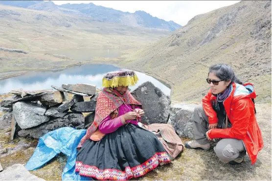  ?? PHOTOS: COURTESY REID STORM ?? On a hike in the high-altitude Andean puno, our explora guide, Desiree, stops for a chat with a local shepherdes­s, who does Peruvian needle-knitting while her border collie tends to the flock. The rocky puno is dotted with lagoons.