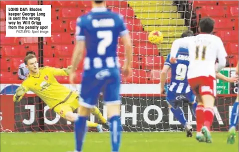  ?? PICTURES: Sport Image ?? LONG DAY: Blades keeper George Long is sent the wrong way by Will Grigg from the penalty spot