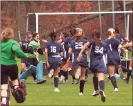  ?? Christian Abraham / Hearst Connecticu­t Media ?? Lauralton Hall rushes onto the field to celebrate its defeat of Amity in the SCC Field Hockey Division B final in Woodbridge on Wednesday.