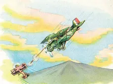  ??  ?? Un’illustrazi­one da «Eroi dell’aria 1915-18». A destra, Luigino Scroccaro