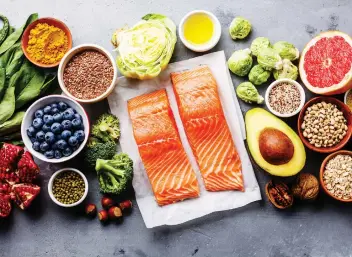  ??  ?? Salmon, nuts, fruit and vegetables will all help protect your skin from the dry winter weather.