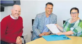  ?? ?? Otaihanga Resource Recovery Centre lease signing with Matthew Luxon (left), Darren Edwards and Georgi Ferrari.