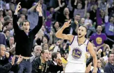  ?? Ben Margot/Associated Press ?? Golden State Warriors guard Stephen Curry celebrates celebrates scoring against the Cleveland Cavaliers Monday in Oakland, Calif.