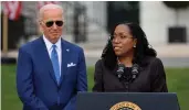  ?? Tribune News Service/the Getty Images ?? Judge Ketanji Brown Jackson speaks during an event celebratin­g her confirmati­on to the U.S. Supreme Court with U.S. President Joe Biden on the South Lawn of the White House on April 8 in Washington, DC.