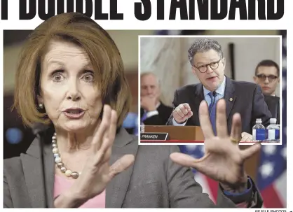  ?? AP FILE PHOTOS ?? LOOPHOLES GALORE: House Minority Leader Nancy Pelosi seemingly defended Democrats Rep. John Conyers and Sen. Al Franken (inset) from sexual misconduct allegation­s.