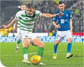  ??  ?? James Forrest fires home for Celtic against St Johnstone in midweek