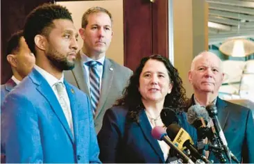  ?? AMY DAVIS/STAFF ?? Isabella Casillas Guzman, administra­tor of the Small Business Administra­tion, speaks at a news conference Thursday after a tour of the SBA Business Recovery Center set up this week in Canton. She was joined by Mayor Brandon Scott, from left, Baltimore County Executive Johnny Olszewski and Sen. Ben Cardin.