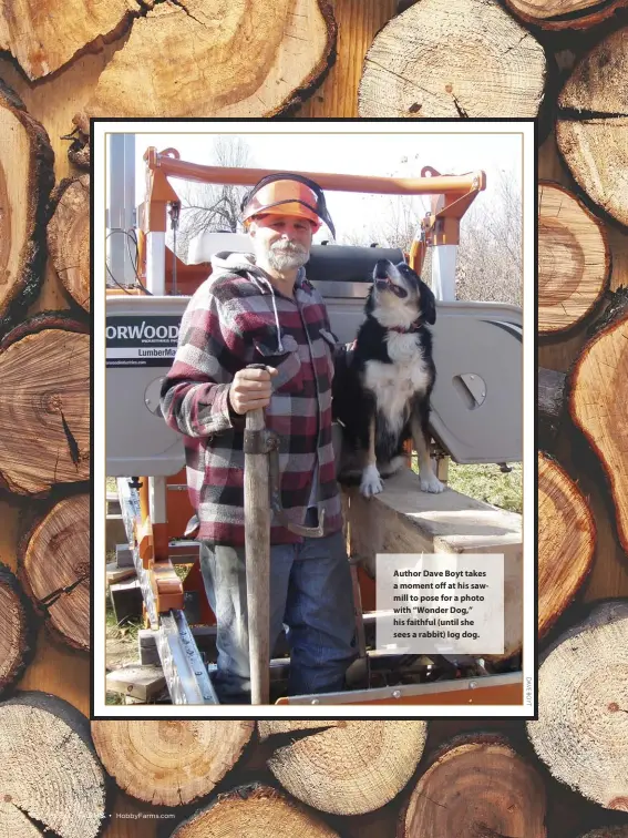  ??  ?? author Dave Boyt takes a moment off at his sawmill to pose for a photo with “Wonder Dog,” his faithful (until she sees a rabbit) log dog.