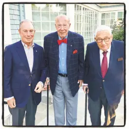  ?? Catherine Bigelow / Special to The Chronicle ?? Former N.Y. Mayor Mike Bloomberg (left) and former Secretarie­s of State George Shultz and Henry Kissinger at George and Charlotte Shultz’s Palo Alto home.