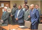  ?? BRANDON DILL/AP ?? The former Memphis police officers accused of murder in the death of Tyre Nichols appear with their attorneys at an indictment hearing Friday at the Shelby County Criminal Justice Center in Memphis, Tenn.