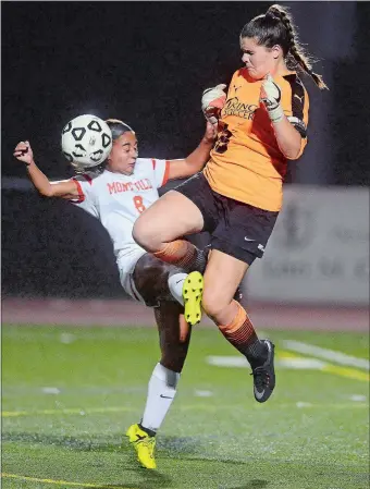  ?? SARAH GORDON/THE DAY ?? Montville’s Lauren Velasquez (8) attempts to head the ball past East Lyme goalie Hayley Sorrentino during Wednesday’s game, where the Indians beat the Vikings 1-0. Visit theday.com for a photo gallery.