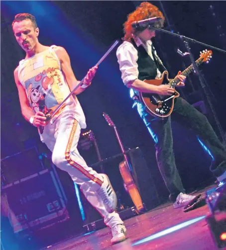  ??  ?? Queen tribute band Flash, who are playing Perth Fake Fest, strut their stuff on stage