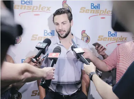  ?? DAVID KAWAI ?? Newly acquired Senators forward Derick Brassard speaks to the media at the Bell Sensplex on Friday about his plans for playing in Ottawa.