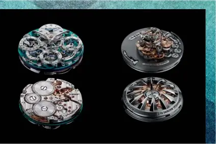  ??  ?? BUILDING BLOCKS While the LM Perpetual (left) is constructe­d much like a convention­al movement with parts spread across the entire space, the HM7 Aquapod (right) is stacked, allowing for the submersibl­elike structure of the watch to stand out