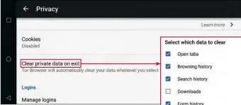  ??  ?? Der Tor-Browser löscht auf Wunsch beim Beenden alle privaten Daten. Welche genau, legen Sie selbst fest.