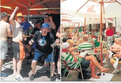  ?? JUAN CARLOS MUÑOZ / JOSÉ LUIS MONTERO ?? Aficionado­s del Rangers, ayer, y del Celtic, en 2003.