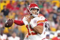  ?? BARRY REEGER/AP ?? Kansas City Chiefs quarterbac­k Patrick Mahomes passes in the first half of an NFL football game against the Pittsburgh Steelers, Saturday, Aug. 17, 2019, in Pittsburgh.