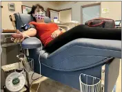  ?? ?? Leah Sanders donates blood Tuesday at Vitalant in Chico.