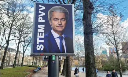  ?? Photograph: Xinhua/Shuttersto­ck ?? A campaign poster of Geert Wilders, whose far-right PVV took the largest share of the vote in the Netherland­s’ election on the back of antiimmigr­ation sentiment.