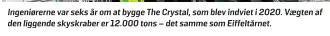  ?? ?? Ingeniører­ne var seks år om at bygge The Crystal, som blev indviet i 2020. Vaegten af den liggende skyskraber er 12.000 tons – det samme som Eiffeltårn­et.