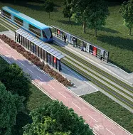  ??  ?? Rendering Il disegno della futura fermata della linea 2 del tram all’altezza del parco Iris