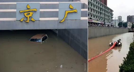  ??  ?? Floodwater­s still fill Jingguang Tunnel, Zhengzhou, July 23, three days after the flood
Pumps work to drain the flooded Jingguang Tunnel, Zhengzhou, July 22