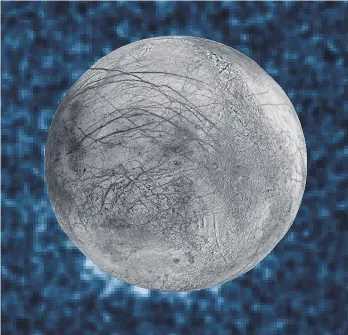  ?? Picture / AP ?? This Nasa image shows a composite image of possible water plumes on the south pole of Jupiter's moon Europa.