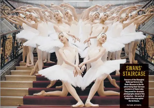  ??  ?? Dancers of the Shanghai Ballet perform in the Bode-Museum in Berlin advertisin­g their German premiere of Swan Lake. They posed for dramatic photograph­s ahead of the production – the work of English choreograp­her Derek Deane.