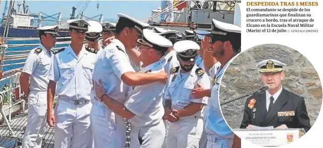  ?? // GONZALO JIMÉNEZ ?? DESPEDIDA TRAS 5 MESES El comandante se despide de los guardiamar­inas que finalizan su crucero a bordo, tras el atraque de Elcano en la Escuela Naval Militar (Marín) el 12 de julio