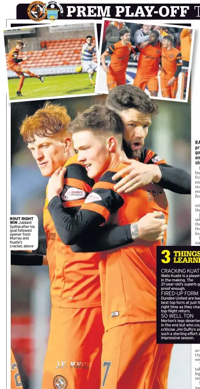  ??  ?? ROUT RIGHT WIN Jubilant Spittal after his goal followed opener from Murray and Kuate’s cracker, above Wato Kuate is a player in the making. The 21-year-old’s superb goal was proof enough. Dundee United are back to best top form at just the right time...