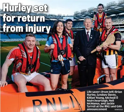  ?? SPORTSFILE ?? Life saver: (from left) Brian Hurley, Lyndsey Davey, Killian Young, Mícheál Ó Muircheart­aigh, Neil McManus, and Jackie Tyrrell at the RNLI and GAA announceme­nt