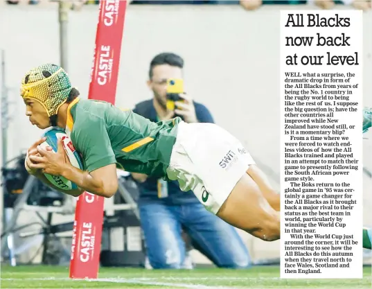  ?? ?? Going over: Kurt-Lee Arendse scores South Africa’s first try against New Zealand last weekend