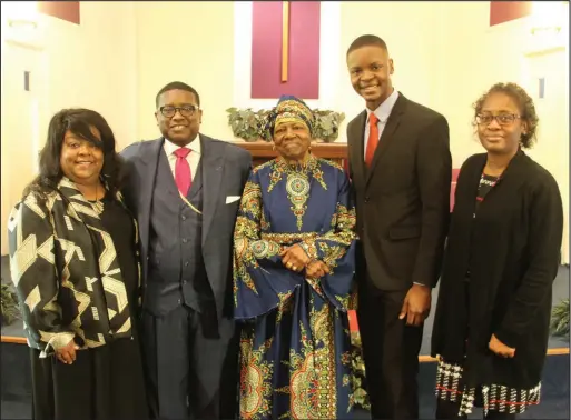  ?? Virginia Pitts / Malvern Daily Record ?? Calvary Church of God in Christ congregant leaders Lady Michelle Rudolph and Bishop Robert Rudolph (from left), along with Malvern resident Willie B. Boothe are pictured with Earle Mayor, Jaylen Smith, and Smith’s aunt, Laura Perkins. Smith and Perkins traveled to Calvary COGIC on Sunday to take part in a Black History Celebratio­n with the Malvern community