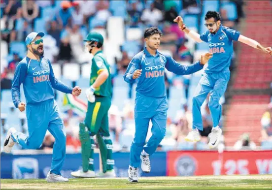  ?? AFP ?? Yuzvendra Chahal and Kuldeep Yadav for the second match justified Virat Kohli’s decision to play two spinners in South Africa. The two shared eight wickets to consign South Africa to their lowest ODI score.