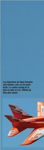  ??  ?? Les trajectoir­es du Super Scorpion sont tendues, avec un vol assez facile. La couleur orange de la déco en jette en l’air : difficile de faire plus voyant.