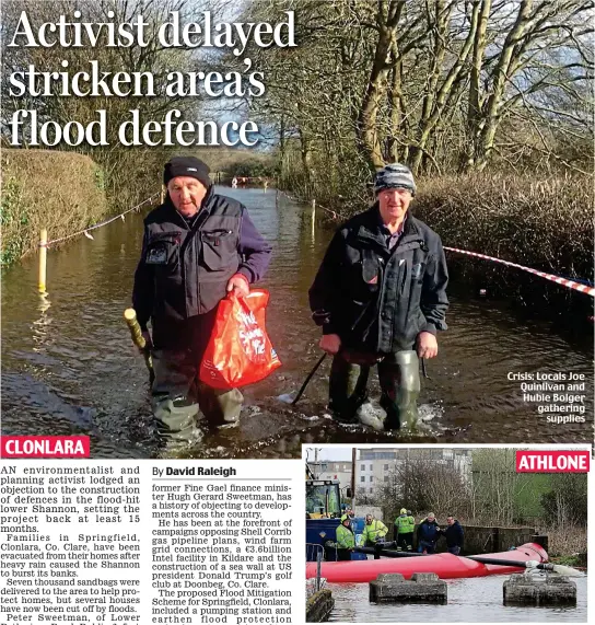  ??  ?? Crisis: Locals Joe Quinlivan and Hubie Bolger gathering supplies
Misery: Locals look on as floodwater­s rise in Co. Westmeath